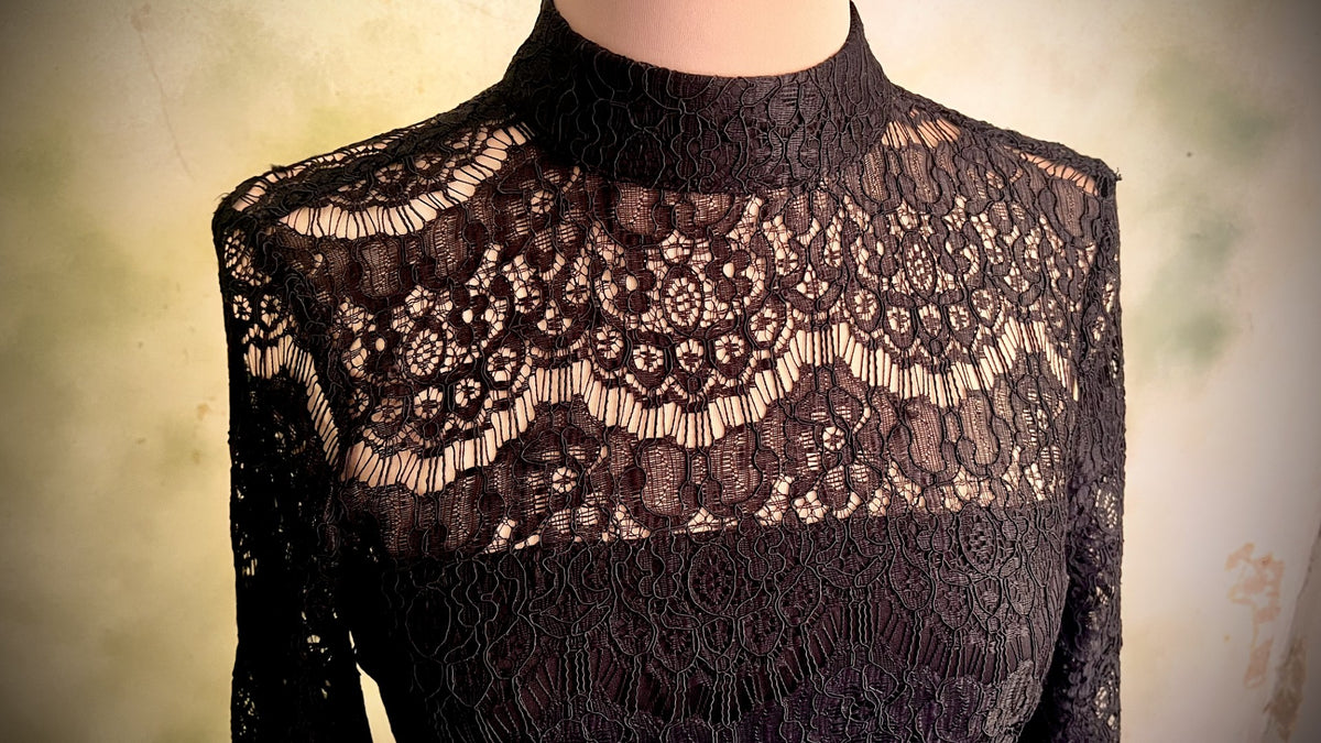 Venus Size 2 Black Lace High Neck Bell Sleeve Blouse