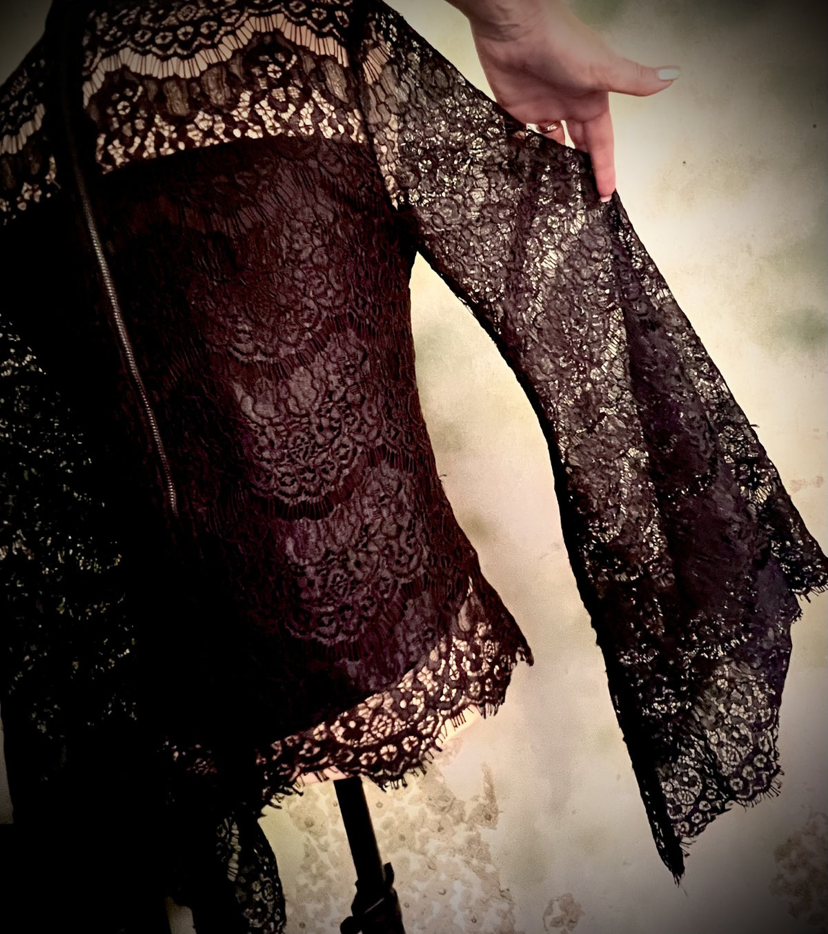 Venus Size 2 Black Lace High Neck Bell Sleeve Blouse