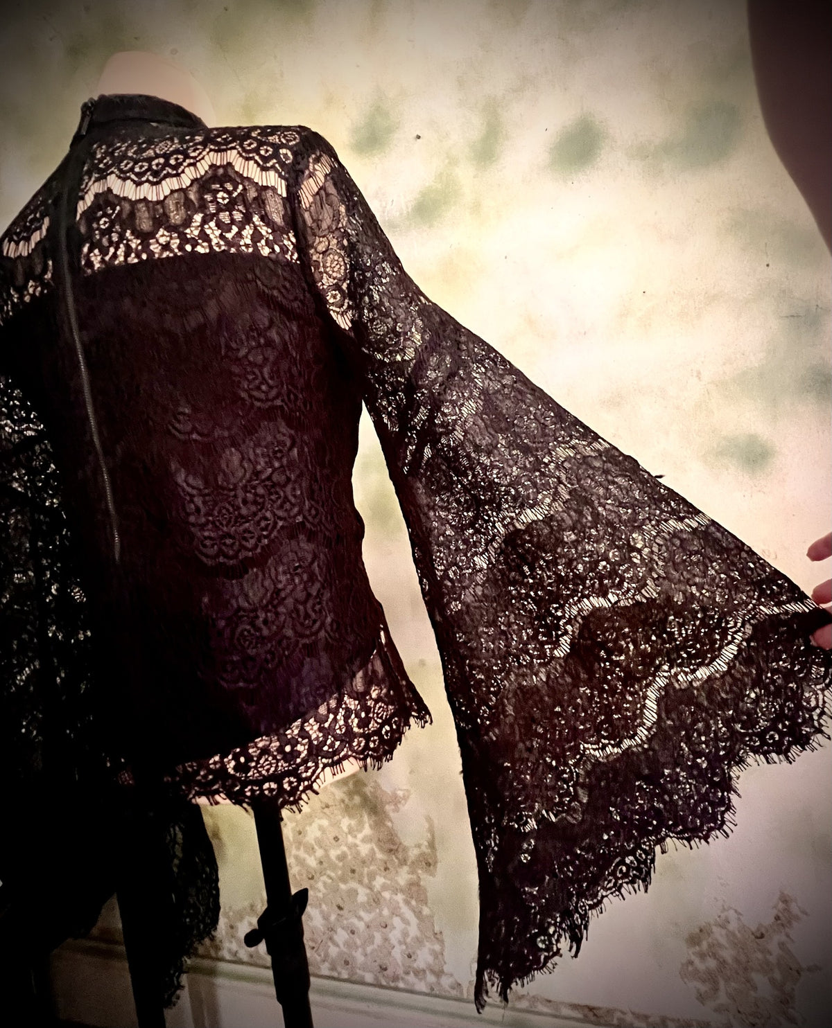 Venus Size 2 Black Lace High Neck Bell Sleeve Blouse