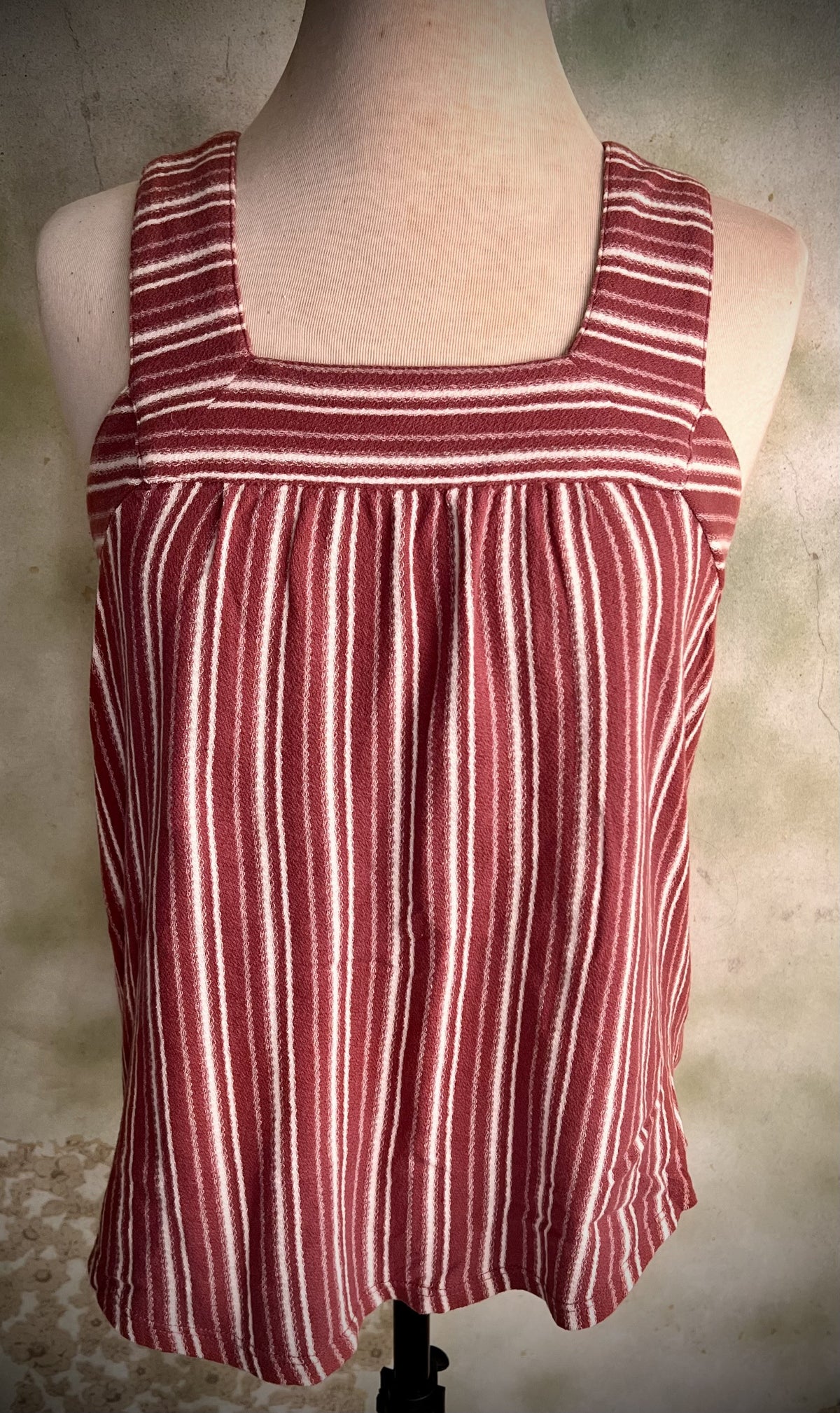 Lucky Brand XS Burgundy Cream Striped Square Neck Babydoll Tank