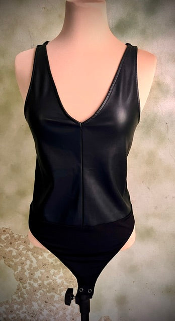 Express Black Bodysuit Size Small V Neck Faux Leather