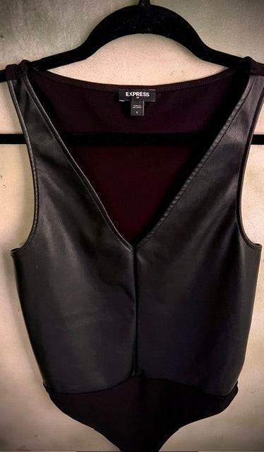Express Black Bodysuit Size Small V Neck Faux Leather