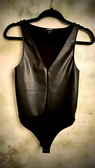 Express Black Bodysuit Size Small V Neck Faux Leather