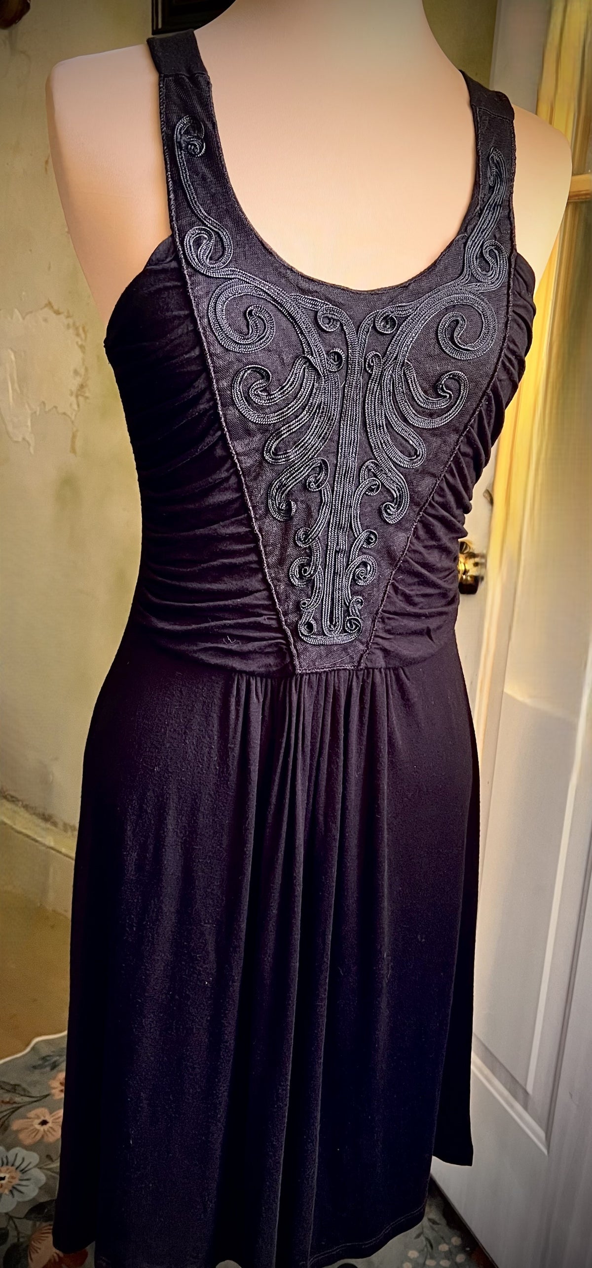 Free People Black Embroidered Ruched Fit & Flare Dress Size 2
