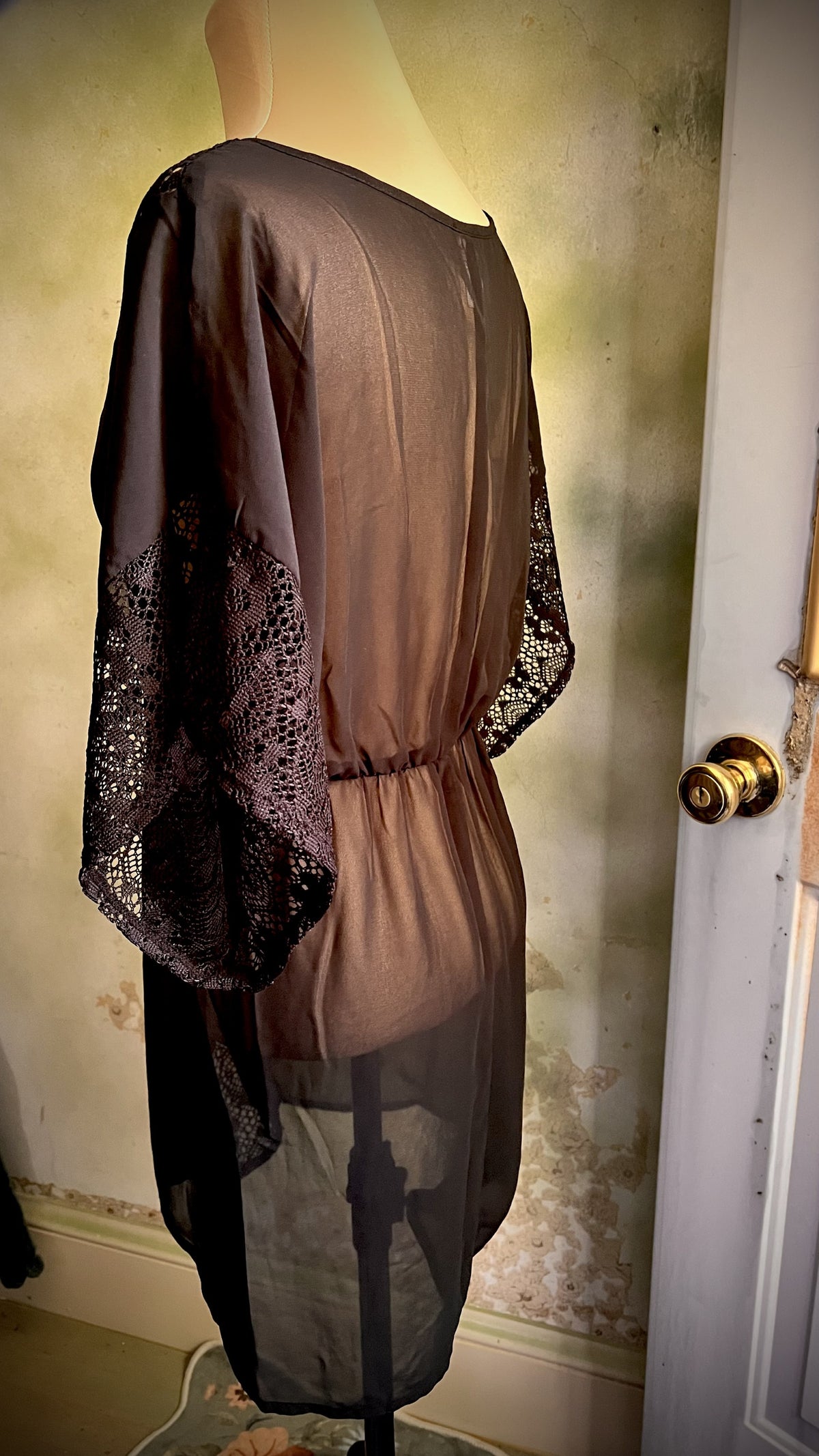 Black Sheer Lace Kimono Tunic Cover-Up V Neck Boho Romantic