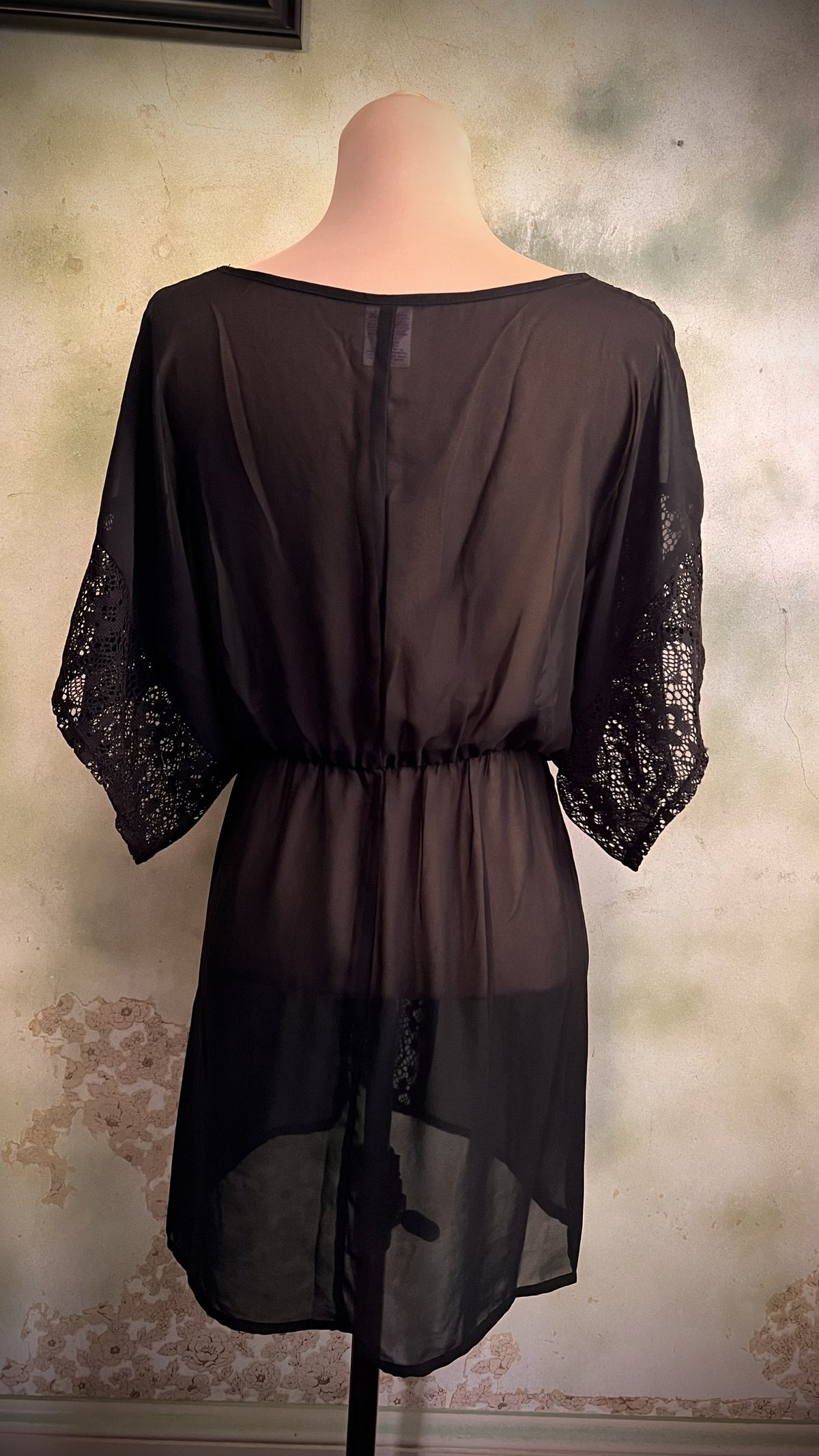 Black Sheer Lace Kimono Tunic Cover-Up V Neck Boho Romantic