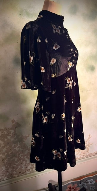 Free People Black Floral Velvet Dress Mock Neck Button Back Boho Romantic