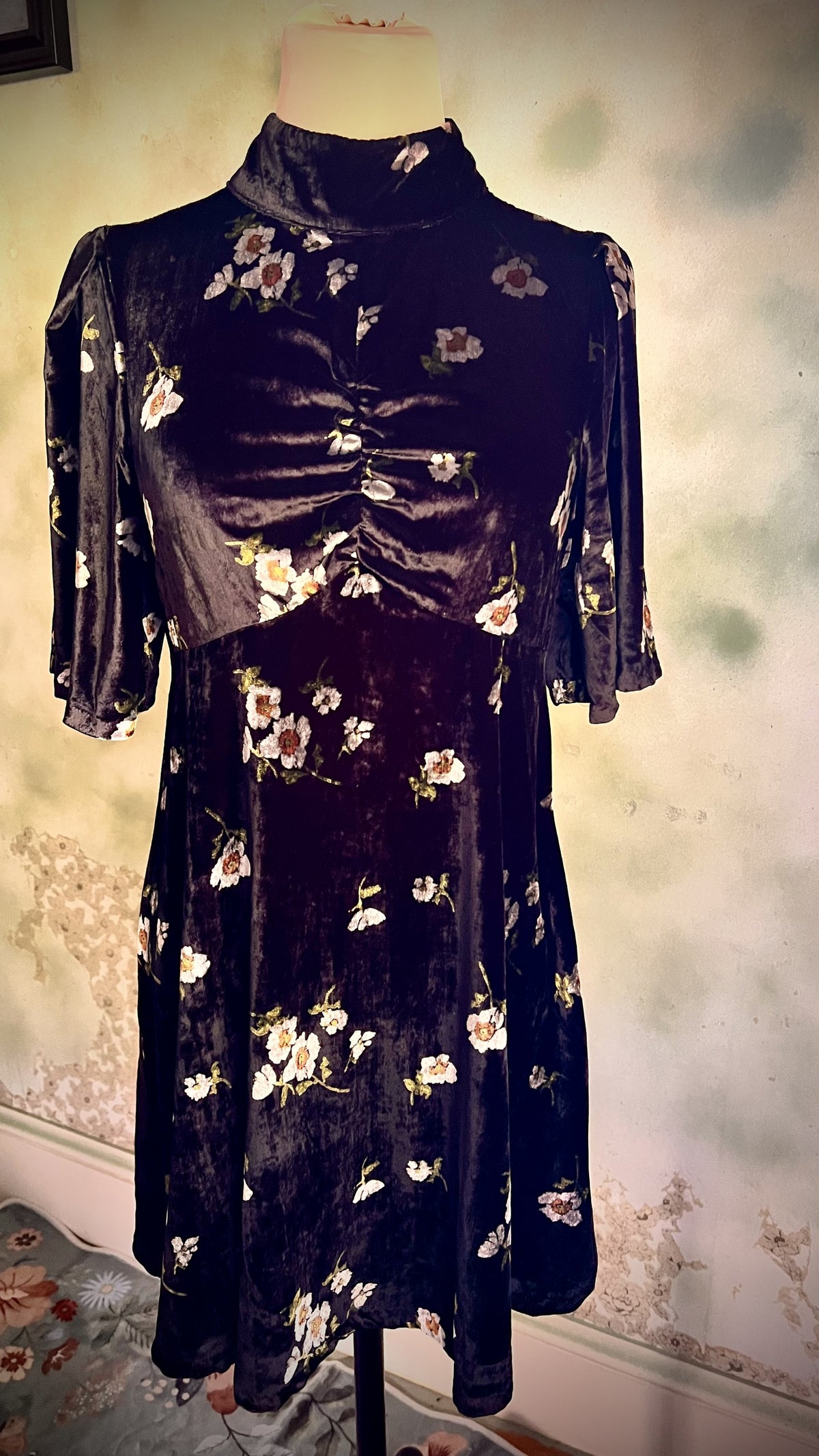 Free People Black Floral Velvet Dress Mock Neck Button Back Boho Romantic