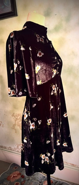 Free People Black Floral Velvet Dress Mock Neck Button Back Boho Romantic