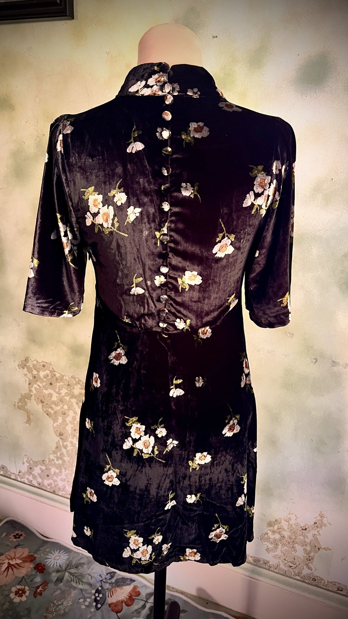 Free People Black Floral Velvet Dress Mock Neck Button Back Boho Romantic