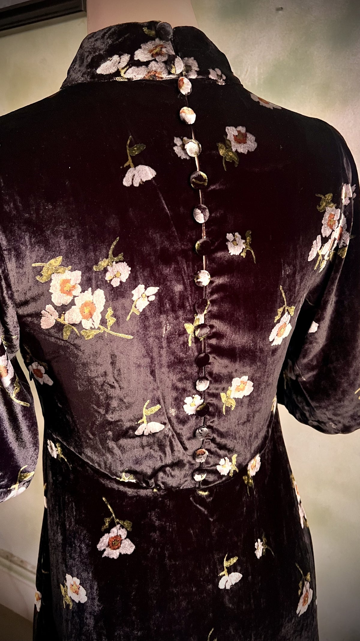Free People Black Floral Velvet Dress Mock Neck Button Back Boho Romantic