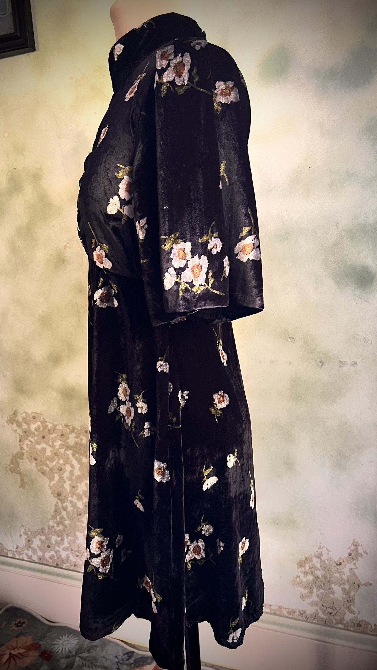 Free People Black Floral Velvet Dress Mock Neck Button Back Boho Romantic