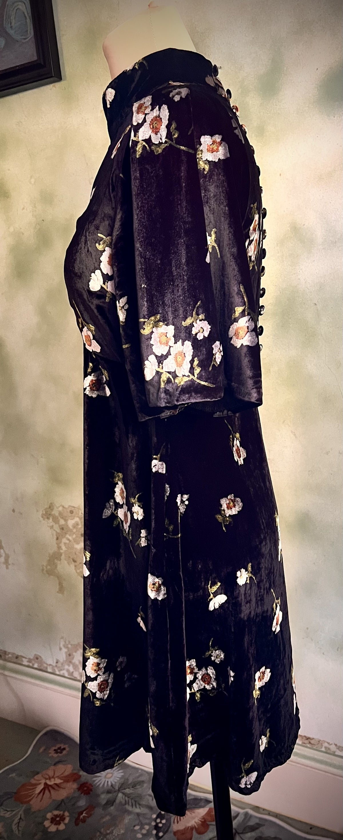 Free People Black Floral Velvet Dress Mock Neck Button Back Boho Romantic