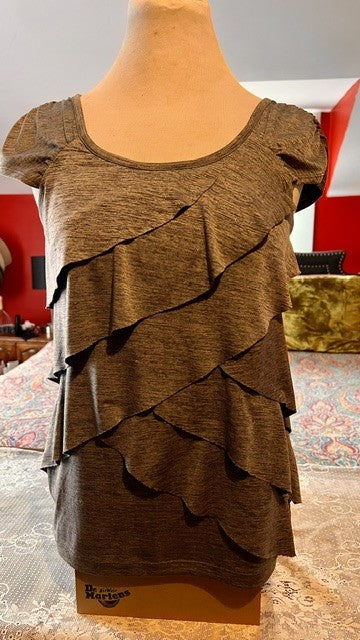 AB Studio Gray Brown Layered Ruffle Cap Sleeve Top XS