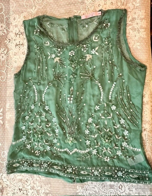 Calypso Christiane Celle Green Beaded Silk Top XS