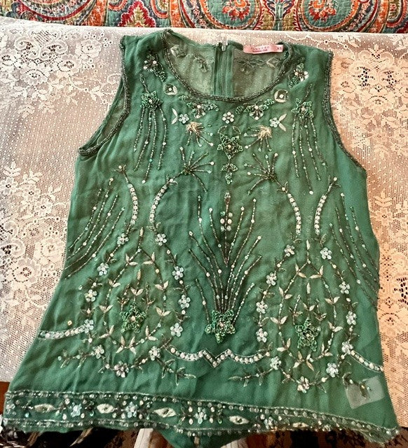 Calypso Christiane Celle Green Beaded Silk Top XS