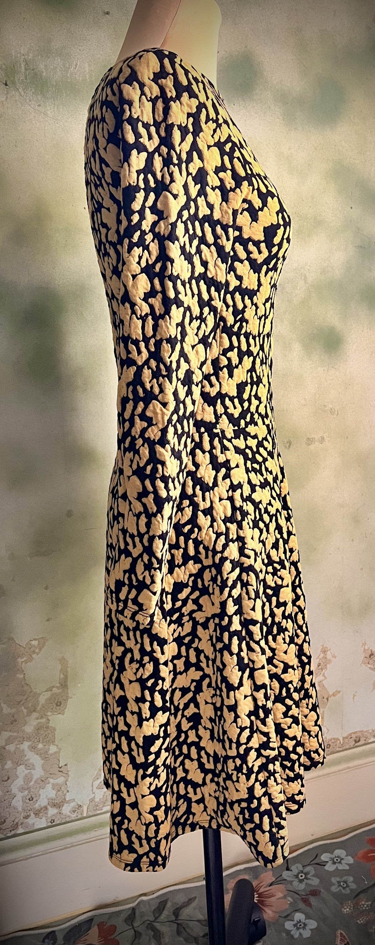 H&M Black & Yellow Floral Long Sleeve Fit & Flare Dress Size Small
