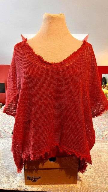 Made in Italy Coral Open Knit Frayed Poncho Top Size S