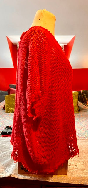 Made in Italy Coral Open Knit Frayed Poncho Top Size S