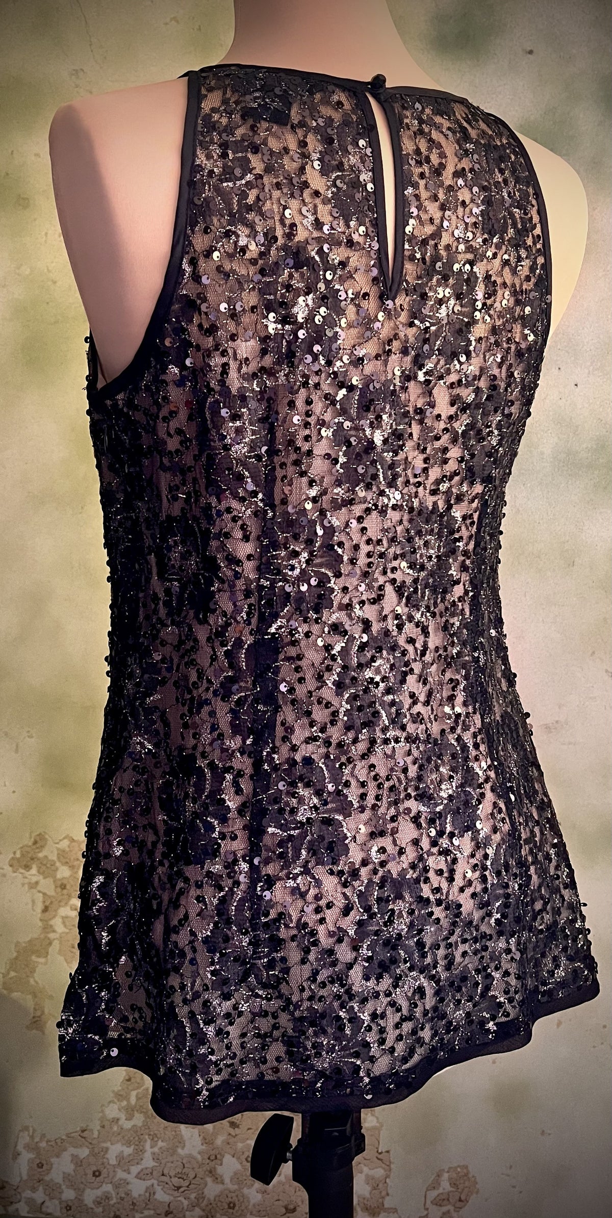 White House Black Market XS Black Lace Sequin Sheer Cocktail Top