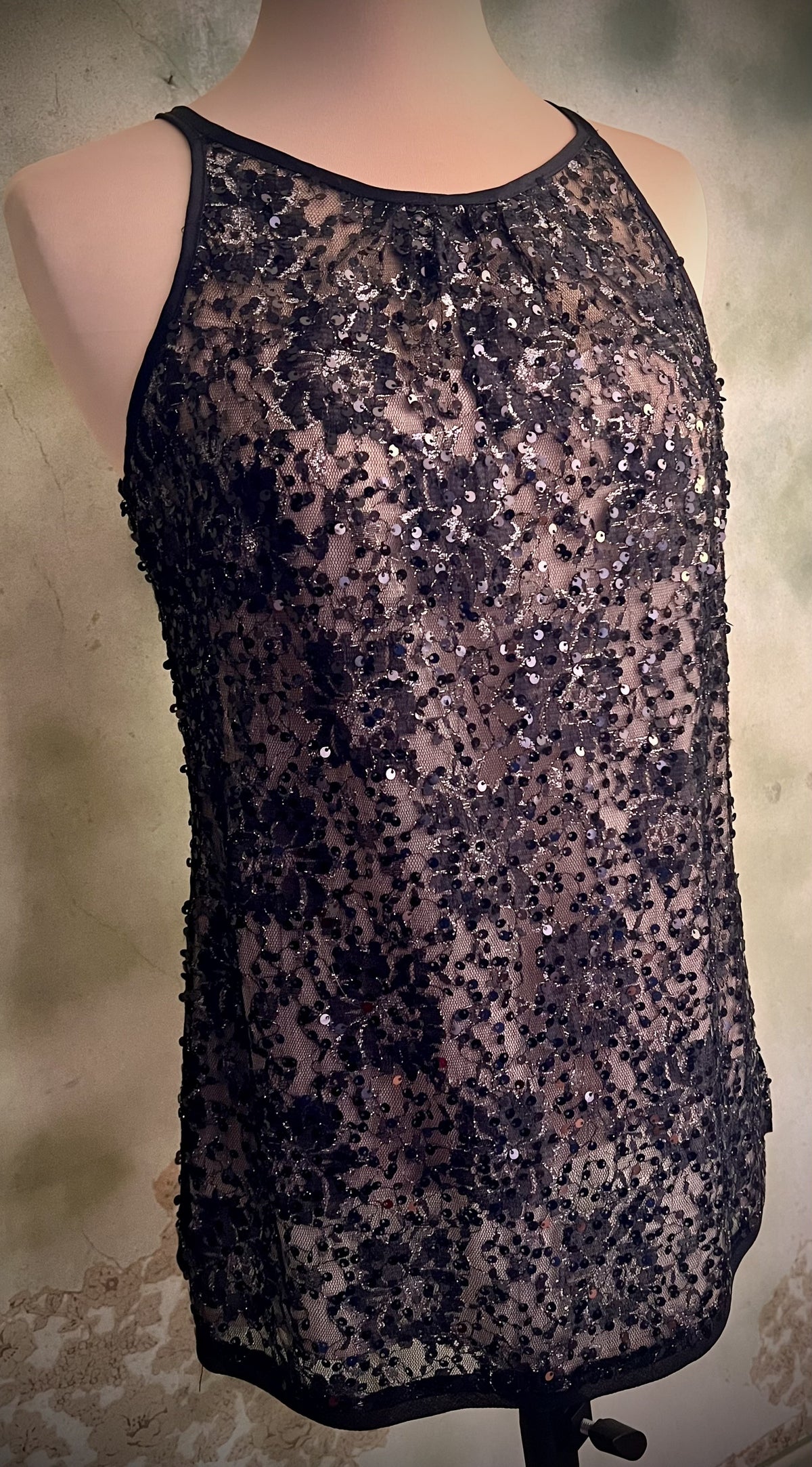 White House Black Market XS Black Lace Sequin Sheer Cocktail Top