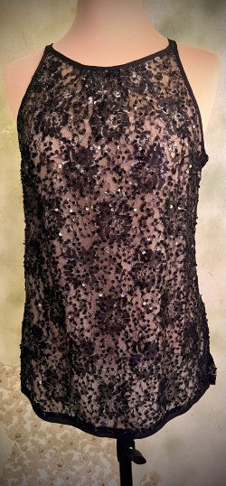 White House Black Market XS Black Lace Sequin Sheer Cocktail Top