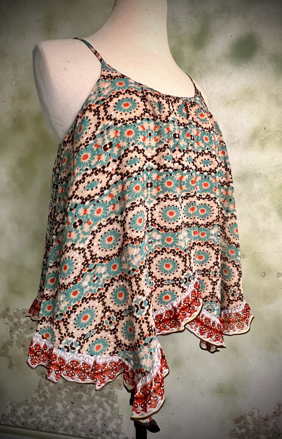 Patrons of Peace Small Boho Printed Handkerchief Hem Flowy Tank Top