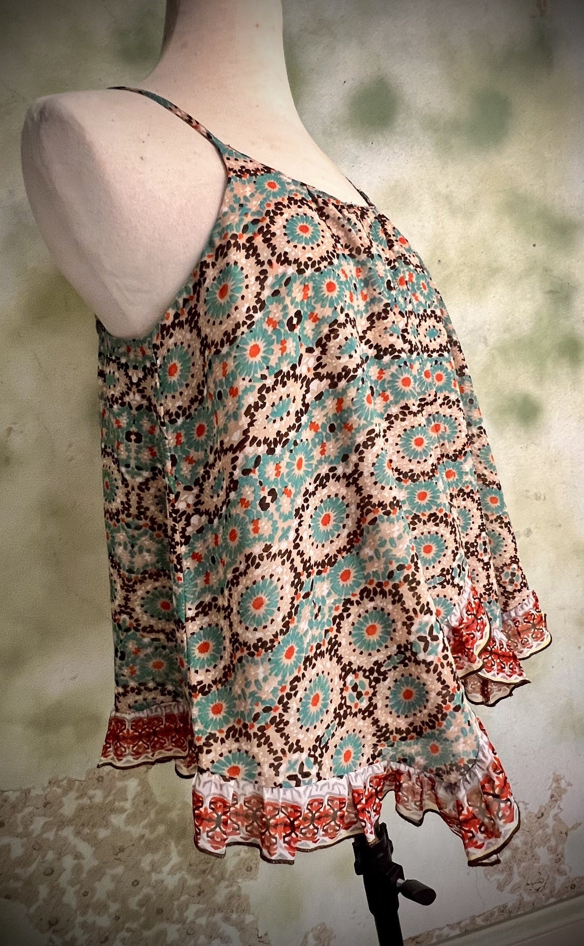 Patrons of Peace Small Boho Printed Handkerchief Hem Flowy Tank Top