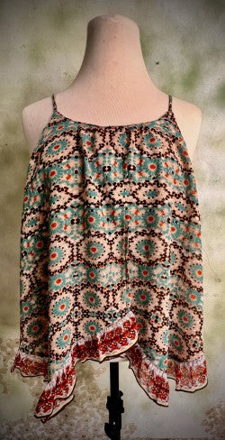 Patrons of Peace Small Boho Printed Handkerchief Hem Flowy Tank Top