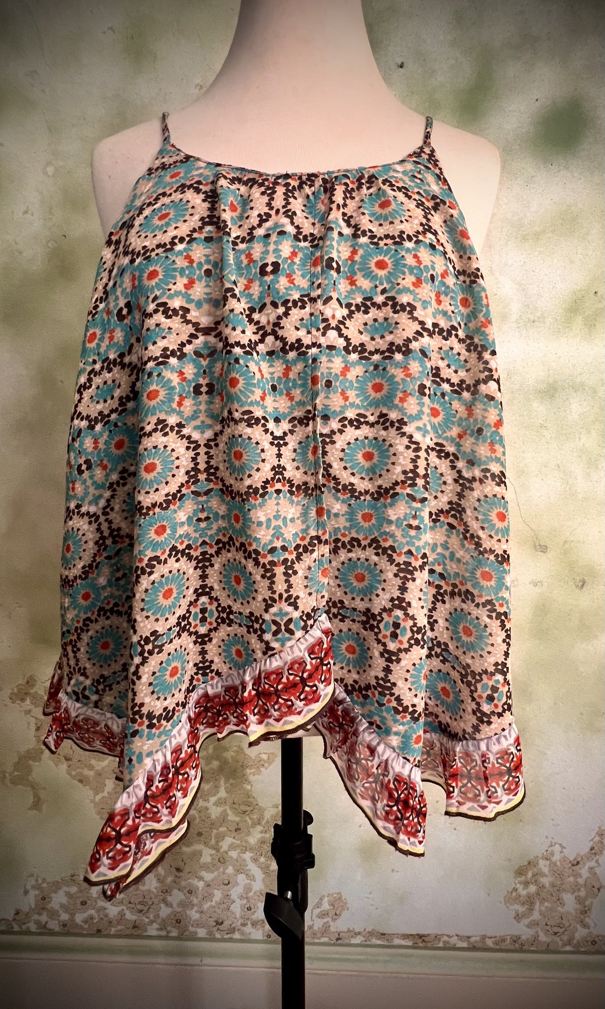Patrons of Peace Small Boho Printed Handkerchief Hem Flowy Tank Top
