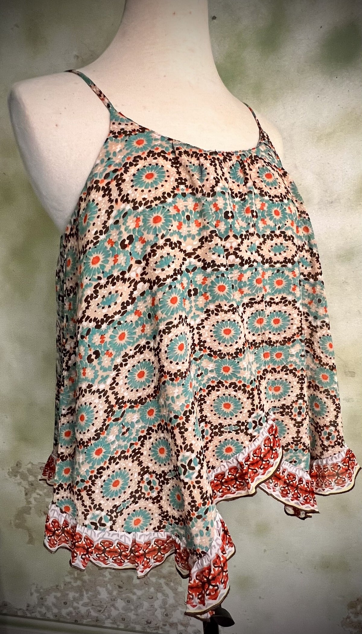 Patrons of Peace Small Boho Printed Handkerchief Hem Flowy Tank Top