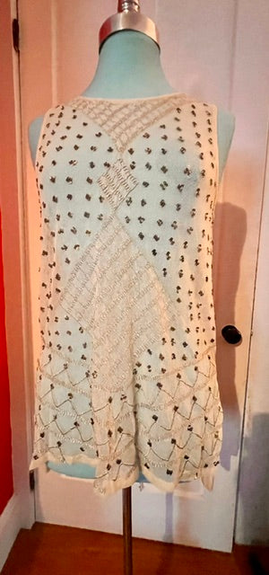 Free People Cream Embellished Tunic Tank Top Copper Beaded Boho Mesh Detail