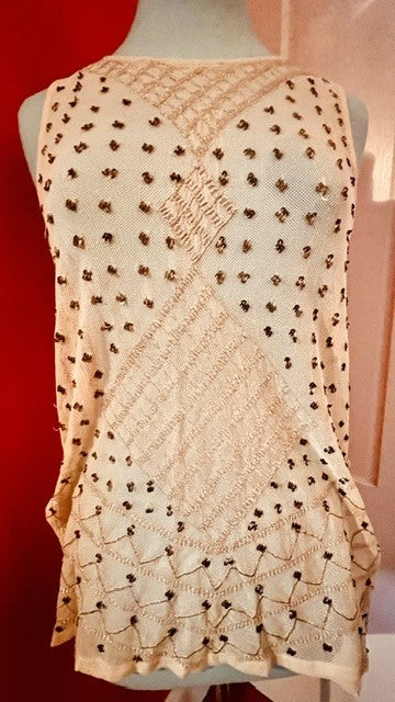 Free People Cream Embellished Tunic Tank Top Copper Beaded Boho Mesh Detail