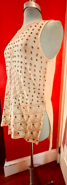 Free People Cream Embellished Tunic Tank Top Copper Beaded Boho Mesh Detail