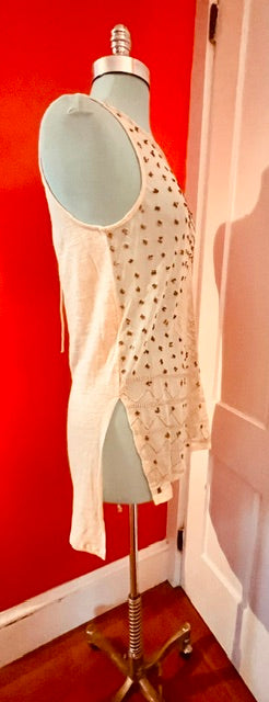 Free People Cream Embellished Tunic Tank Top Copper Beaded Boho Mesh Detail