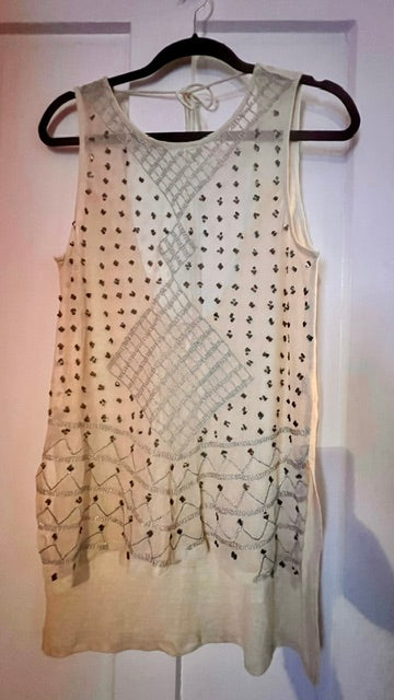 Free People Cream Embellished Tunic Tank Top Copper Beaded Boho Mesh Detail