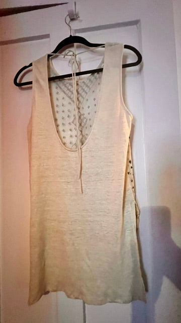 Free People Cream Embellished Tunic Tank Top Copper Beaded Boho Mesh Detail