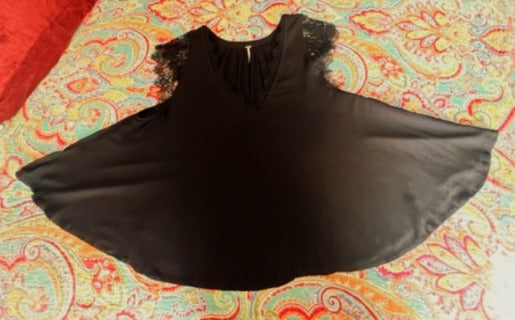 Free People Black Lace-Trim Flowy Swing Top — Size Medium