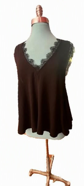 Free People Black Lace-Trim Flowy Swing Top — Size Medium