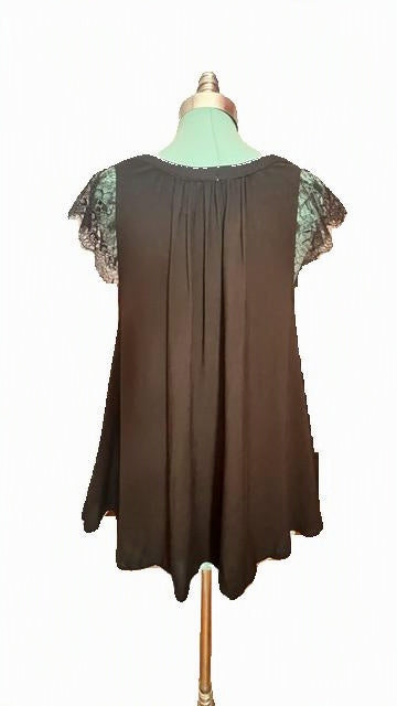 Free People Black Lace-Trim Flowy Swing Top — Size Medium