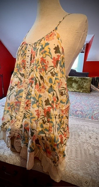 Free People Floral Ruffle Hem Tank with Pockets Size M