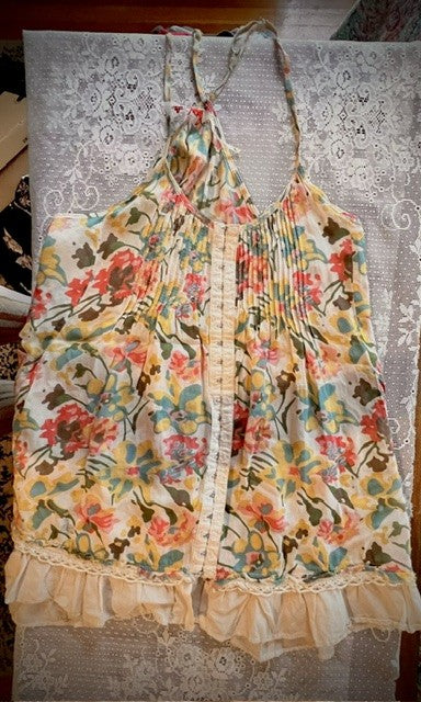 Free People Floral Ruffle Hem Tank with Pockets Size M