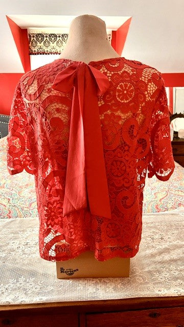 Nanette Lepore Fuchsia - Red Lace Ribbon Back Top Size S