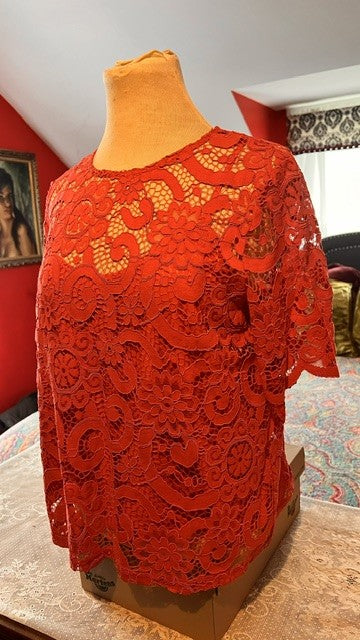 Nanette Lepore Fuchsia - Red Lace Ribbon Back Top Size S