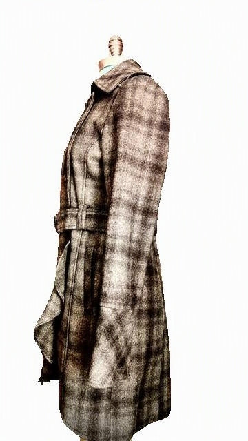 GUESS Gray Plaid Military Belted Trench Coat Ruffle Hem