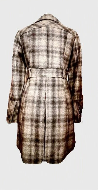 GUESS Gray Plaid Military Belted Trench Coat Ruffle Hem