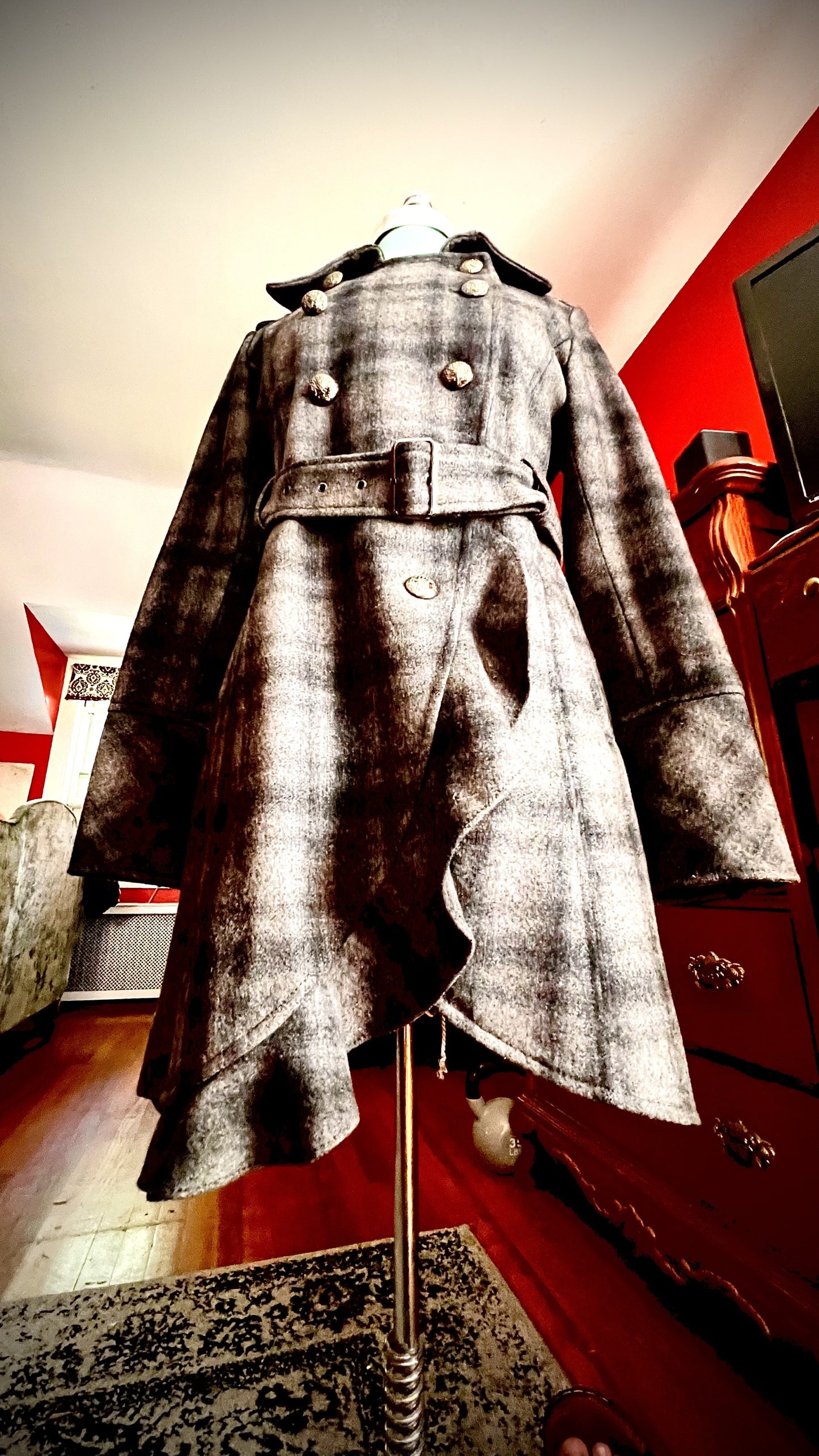 GUESS Gray Plaid Military Belted Trench Coat Ruffle Hem