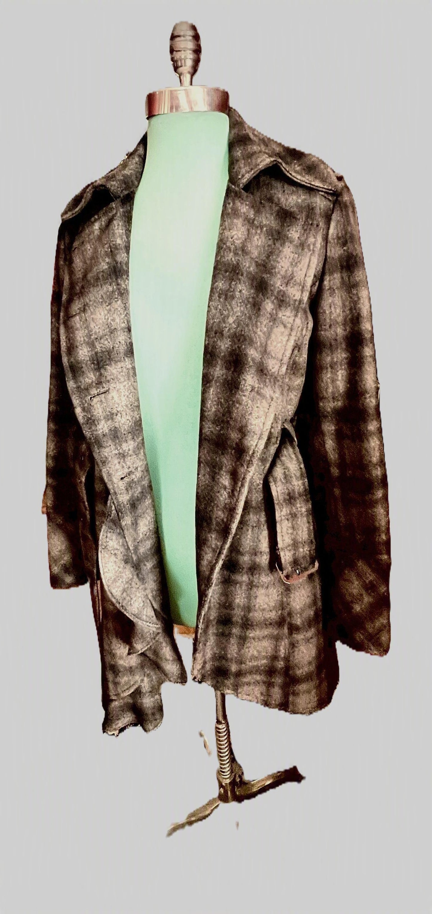 GUESS Gray Plaid Military Belted Trench Coat Ruffle Hem