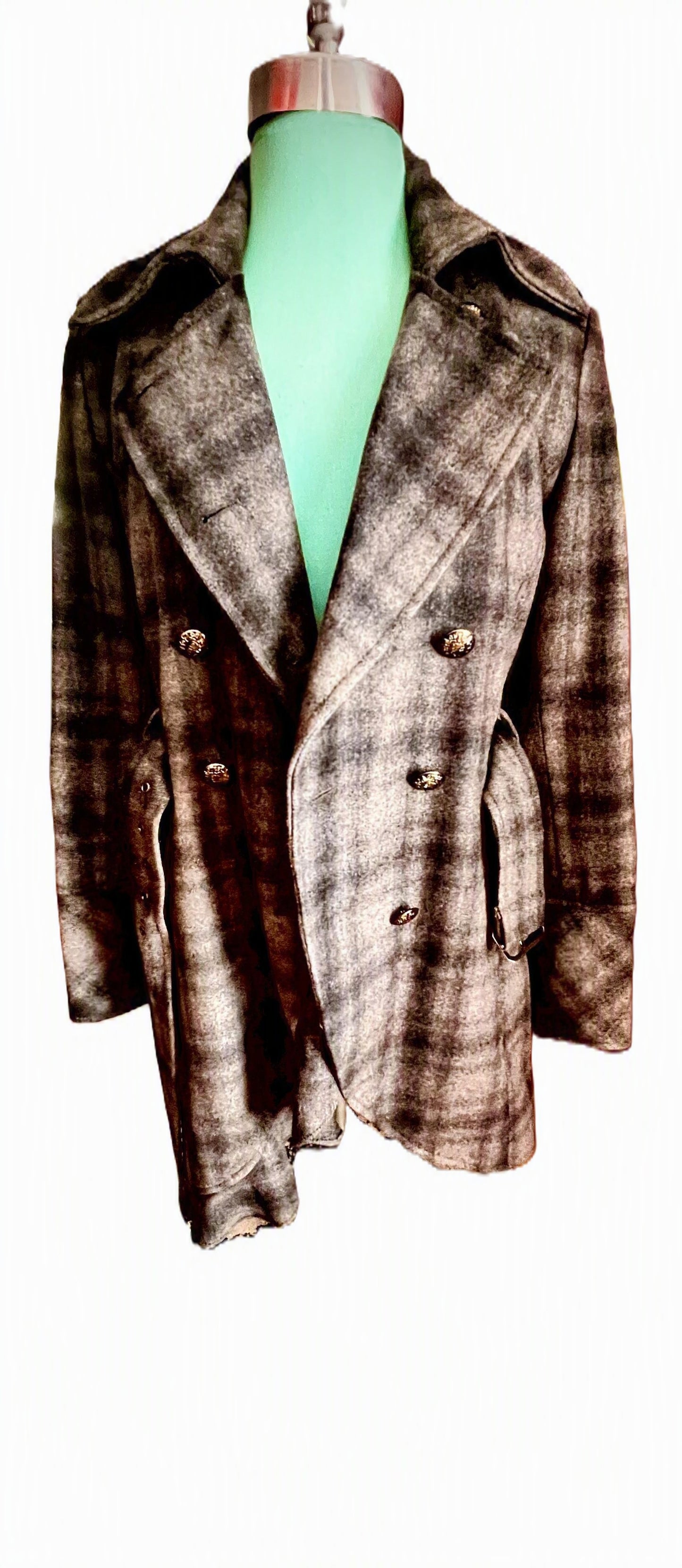 GUESS Gray Plaid Military Belted Trench Coat Ruffle Hem