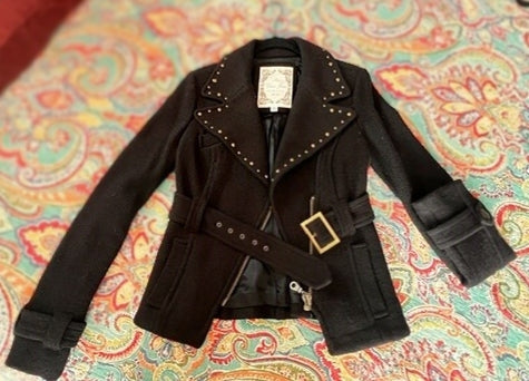 GUESS Jeans Black Wool-Blend Studded Moto Jacket